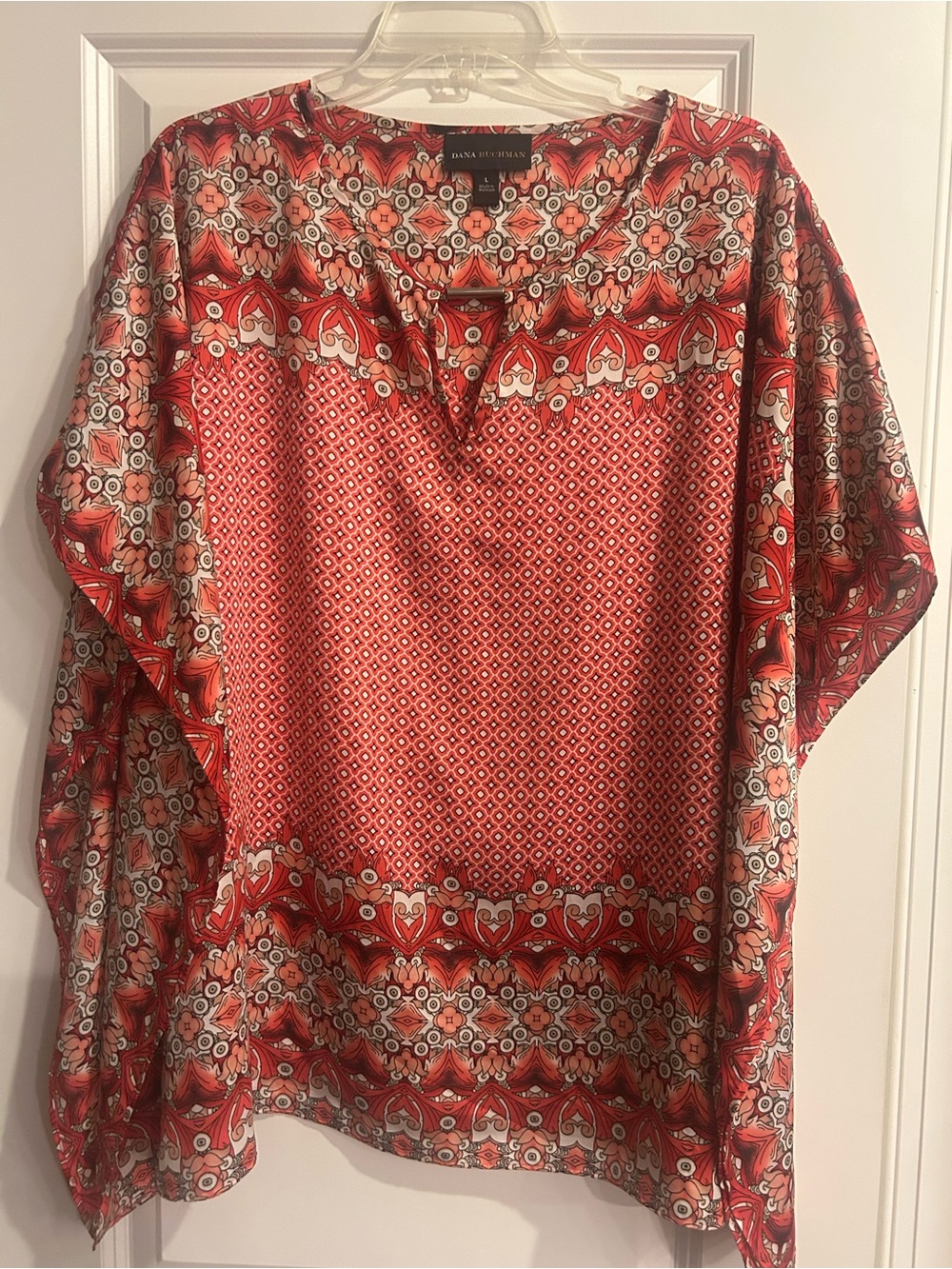 Dana Buchman Red and Cream Geometric V-Neck Tunic